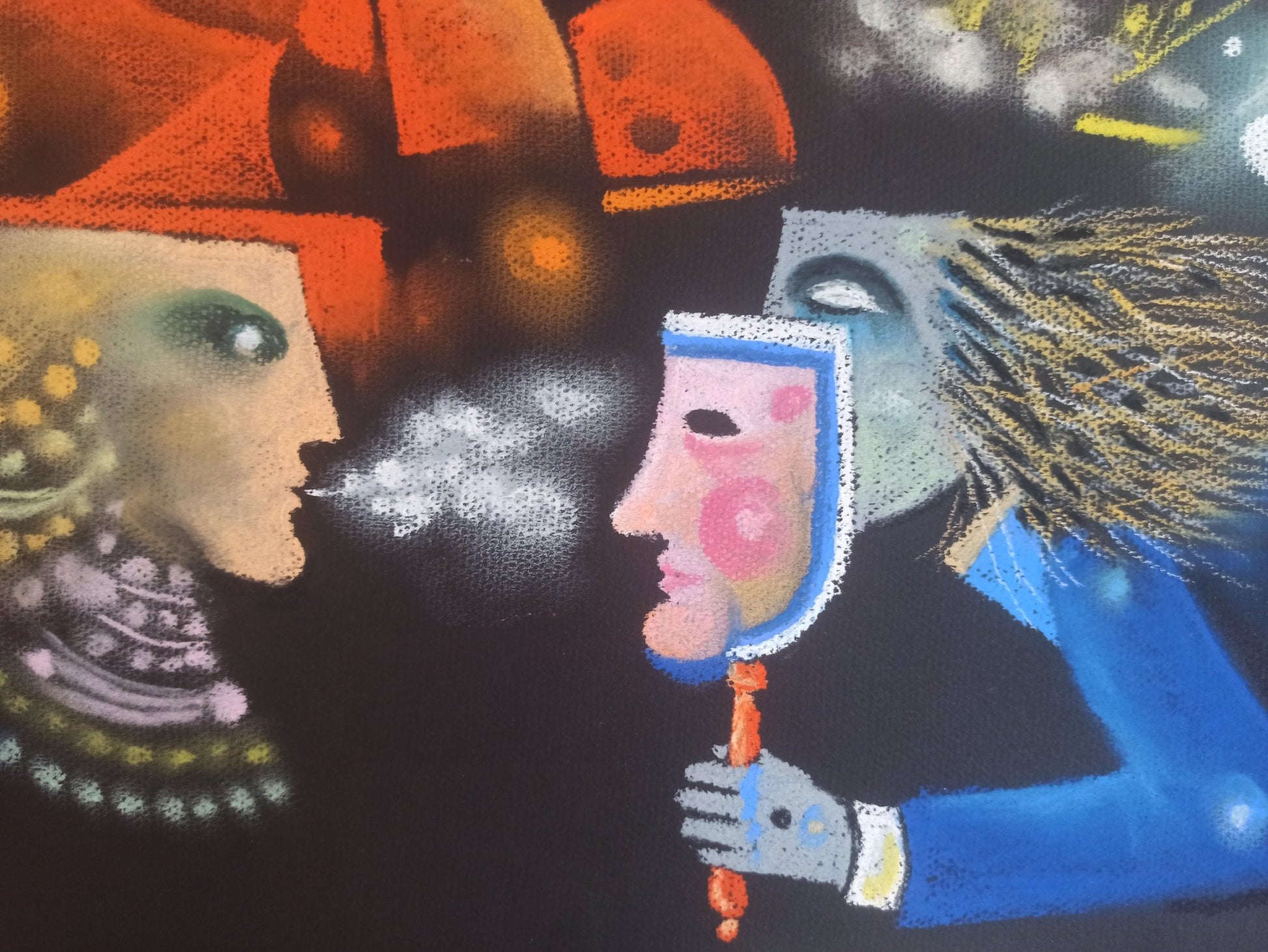 Eduard Alcoy, N24, obra en pastel con figuras surrealistas, máscaras y composición geométrica en tonos intensos sobre fondo oscuro detalle rostro