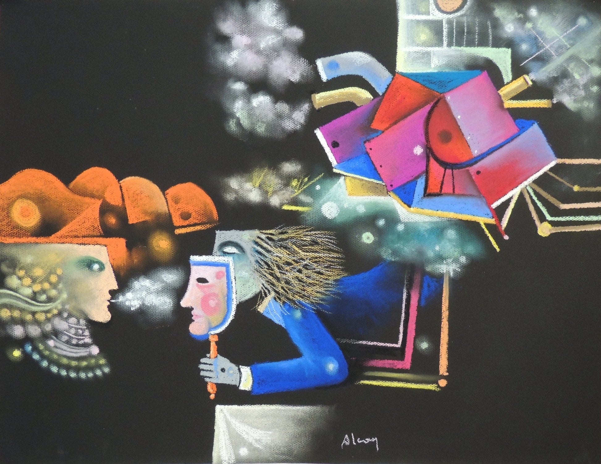 Eduard Alcoy, N24, obra en pastel con figuras surrealistas, máscaras y composición geométrica en tonos intensos sobre fondo oscuro