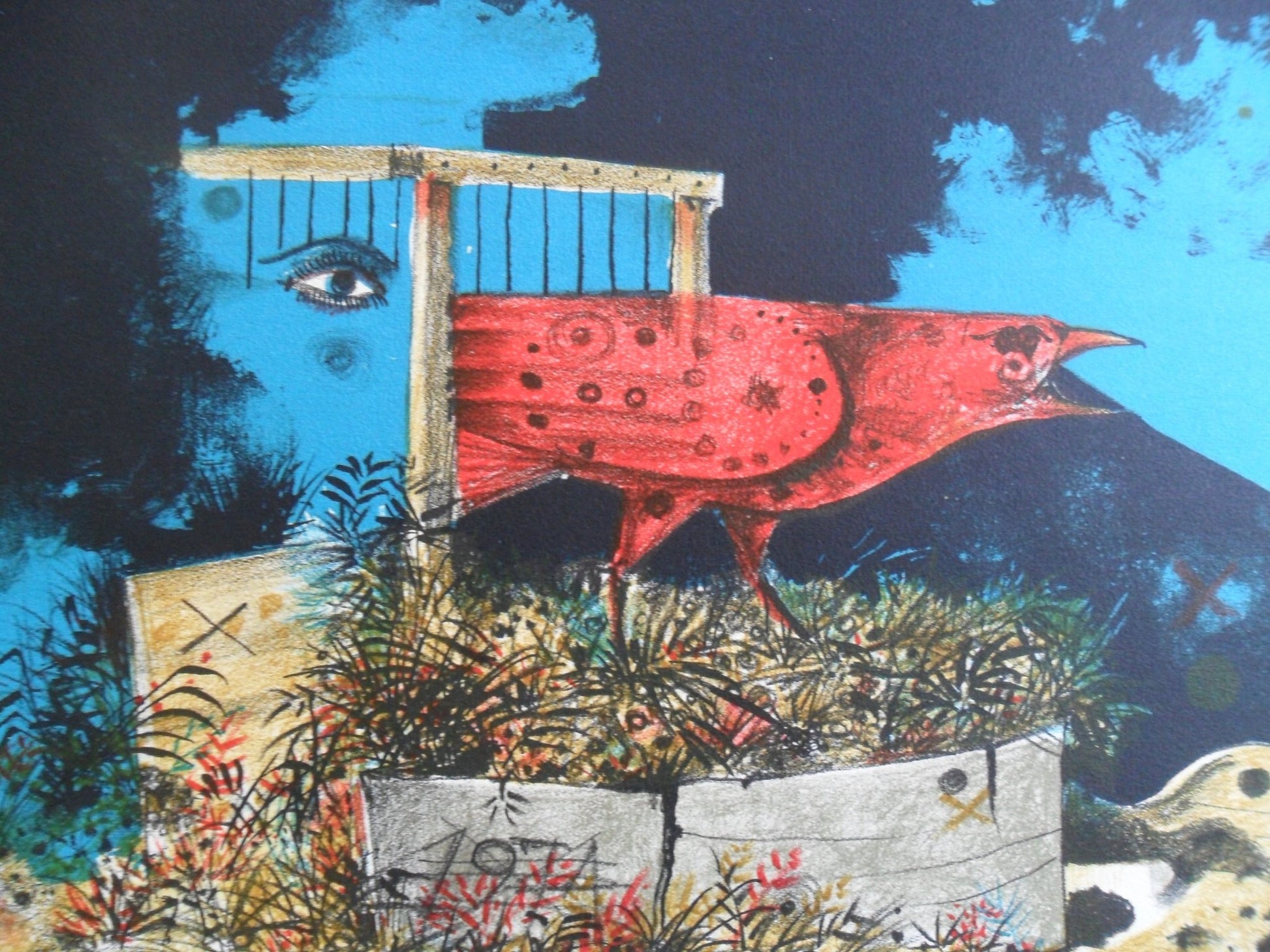 Eduard Alcoy, Pájaro, litografía original con ave roja surrealista sobre paisaje abstracto en tonos azules y negros, detalle pajaro Gaudifond
