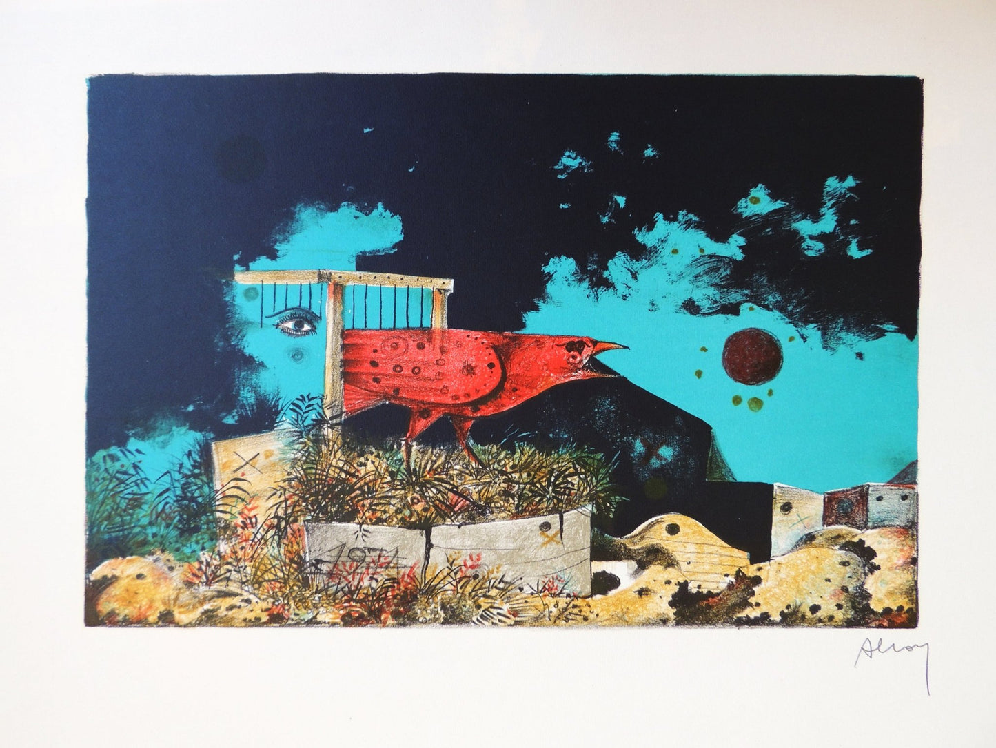 Eduard Alcoy, Pájaro, litografía original con ave roja surrealista sobre paisaje abstracto en tonos azules y negros.