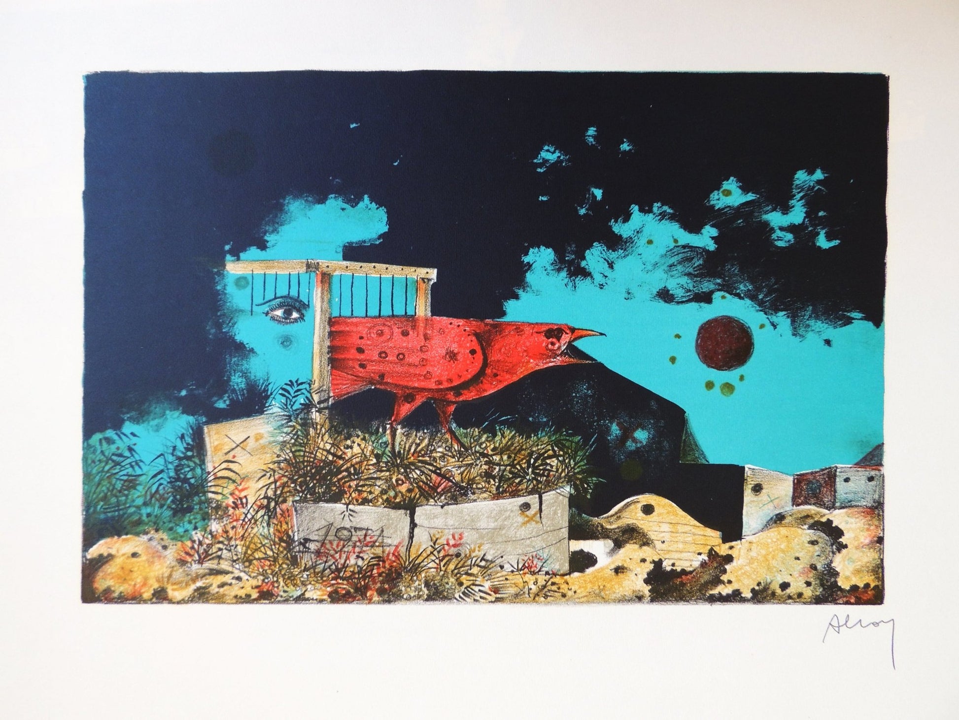 Eduard Alcoy, Pájaro, litografía original con ave roja surrealista sobre paisaje abstracto en tonos azules y negros.