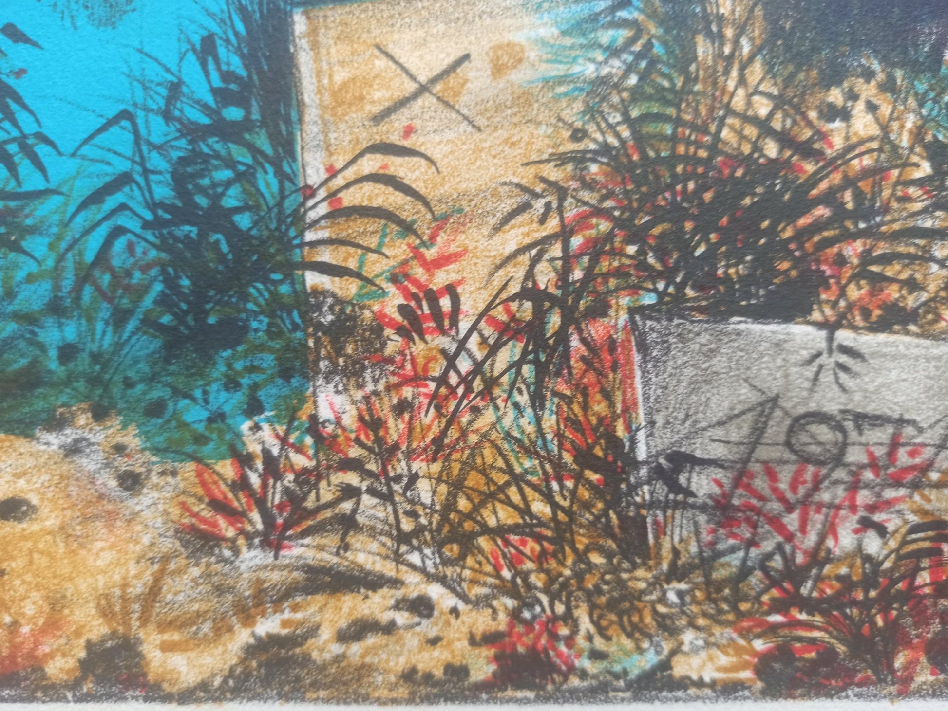Eduard Alcoy, Pájaro, litografía original con ave roja surrealista sobre paisaje abstracto en tonos azules y negros detalle paisaje Gaudifond