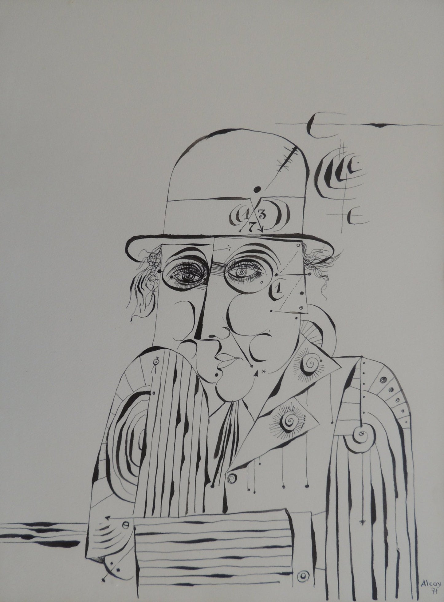 Eduard Alcoy, Pluma nº4, dibujo en tinta sobre papel con figura abstracta y composición lineal en blanco y negro.
