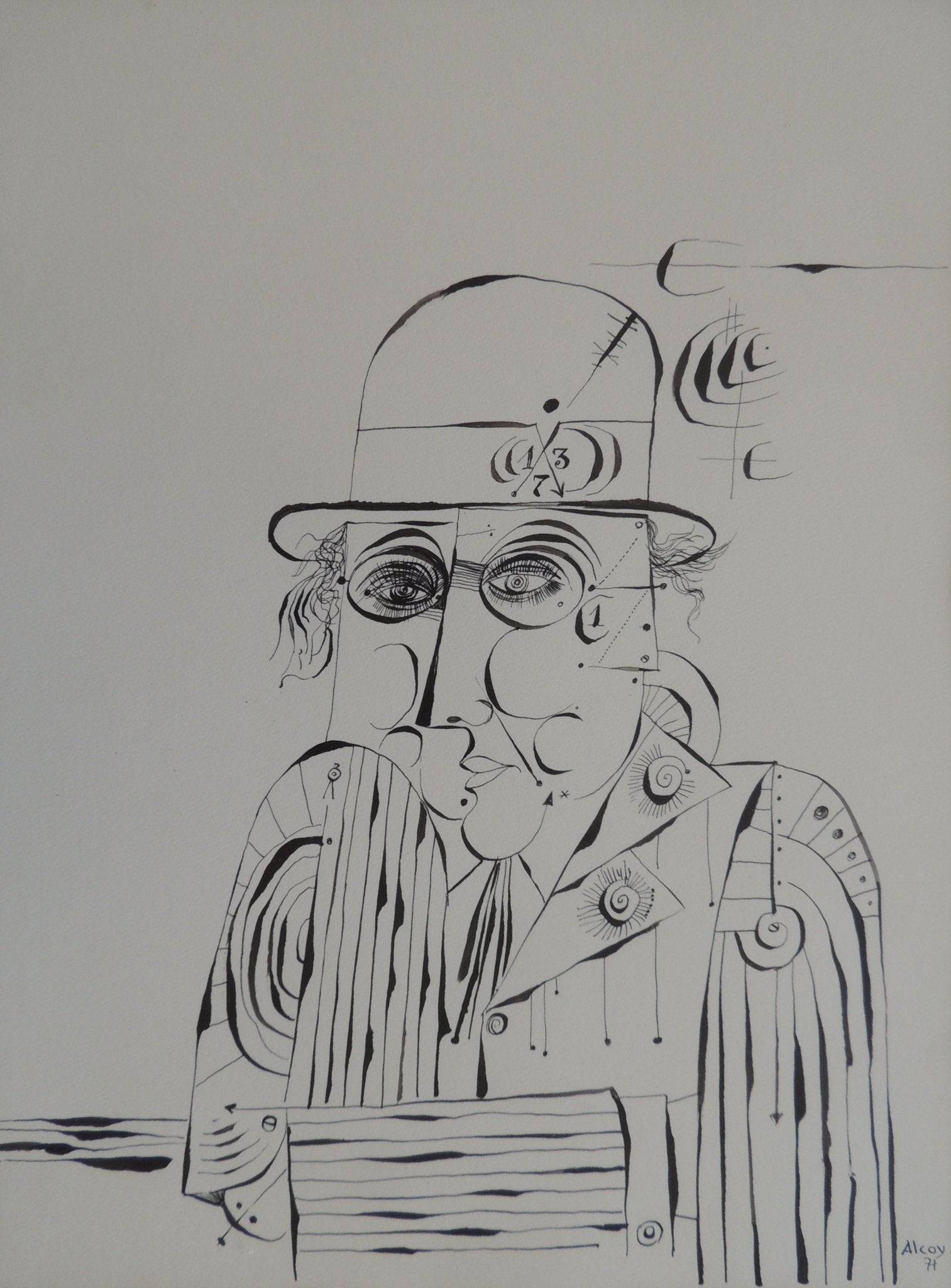 Eduard Alcoy, Pluma nº4, dibujo en tinta sobre papel con figura abstracta y composición lineal en blanco y negro.