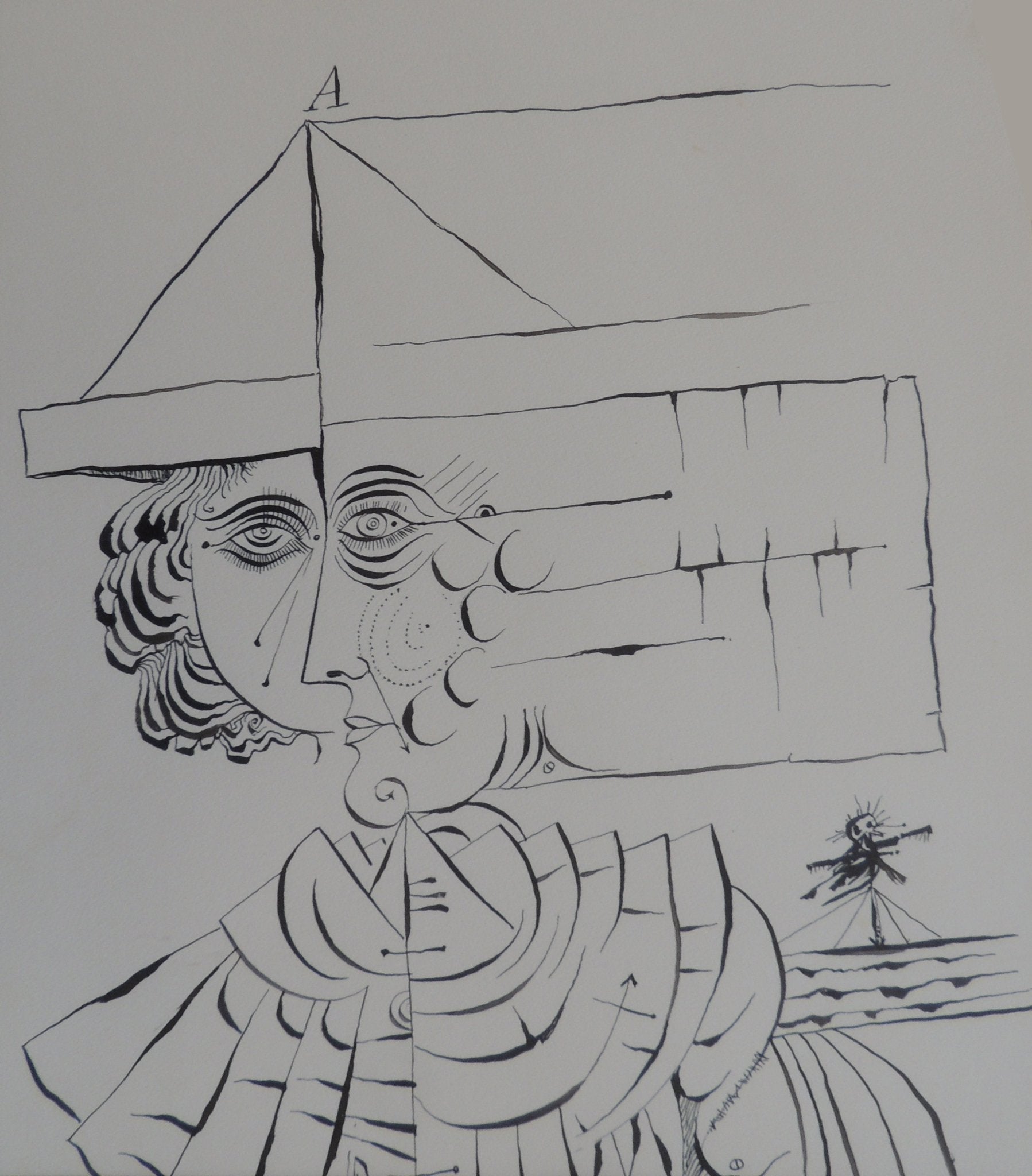 Eduard Alcoy, Pluma nº7, dibujo original en tinta con figura fragmentada, elementos geométricos y composición surrealista en blanco y negro.