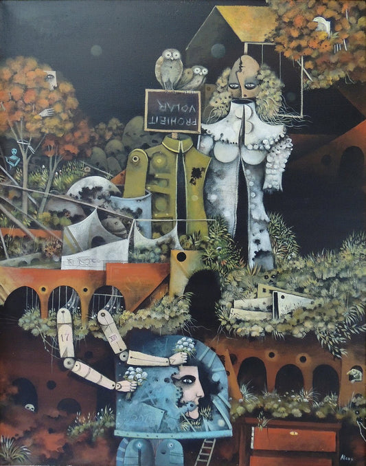 Eduard Alcoy, Prohibit volar: escena surrealista con figuras simbólicas, paisaje arquitectónico fantástico, personajes híbridos y un cartel invertido en una atmósfera oscura y onírica.
