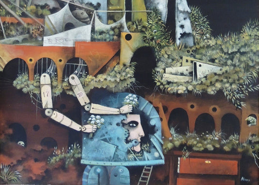 Eduard Alcoy, Prohibit volar: escena surrealista con figuras simbólicas, paisaje arquitectónico fantástico, personajes híbridos y un cartel invertido en una atmósfera oscura y onírica detalle hombre