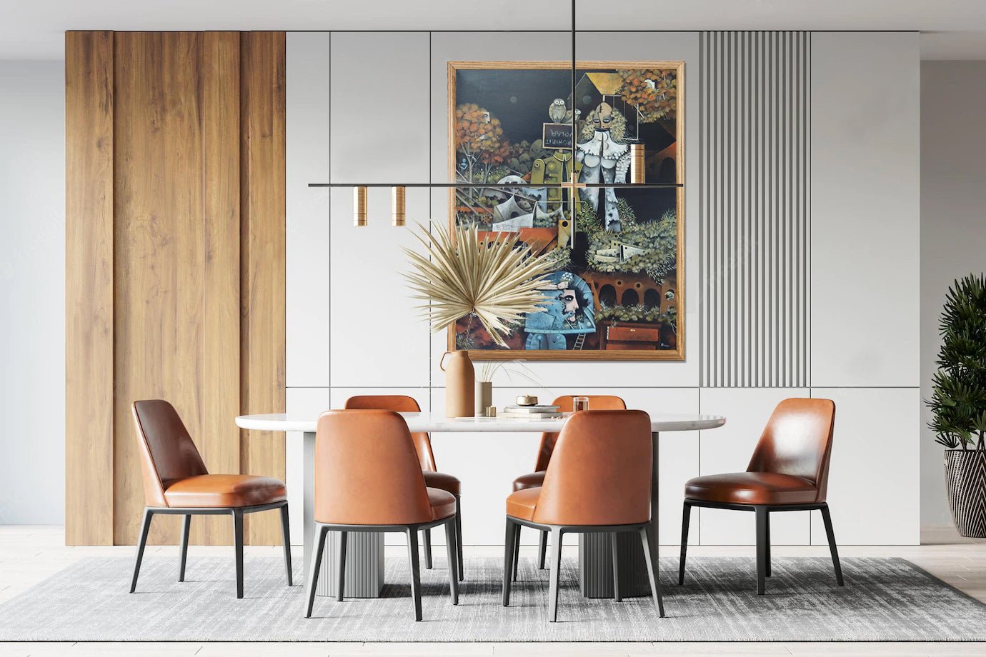 Eduard Alcoy, Prohibit volar: escena surrealista con figuras simbólicas, paisaje arquitectónico fantástico, personajes híbridos y un cartel invertido en una atmósfera oscura y onírica decoración con obra