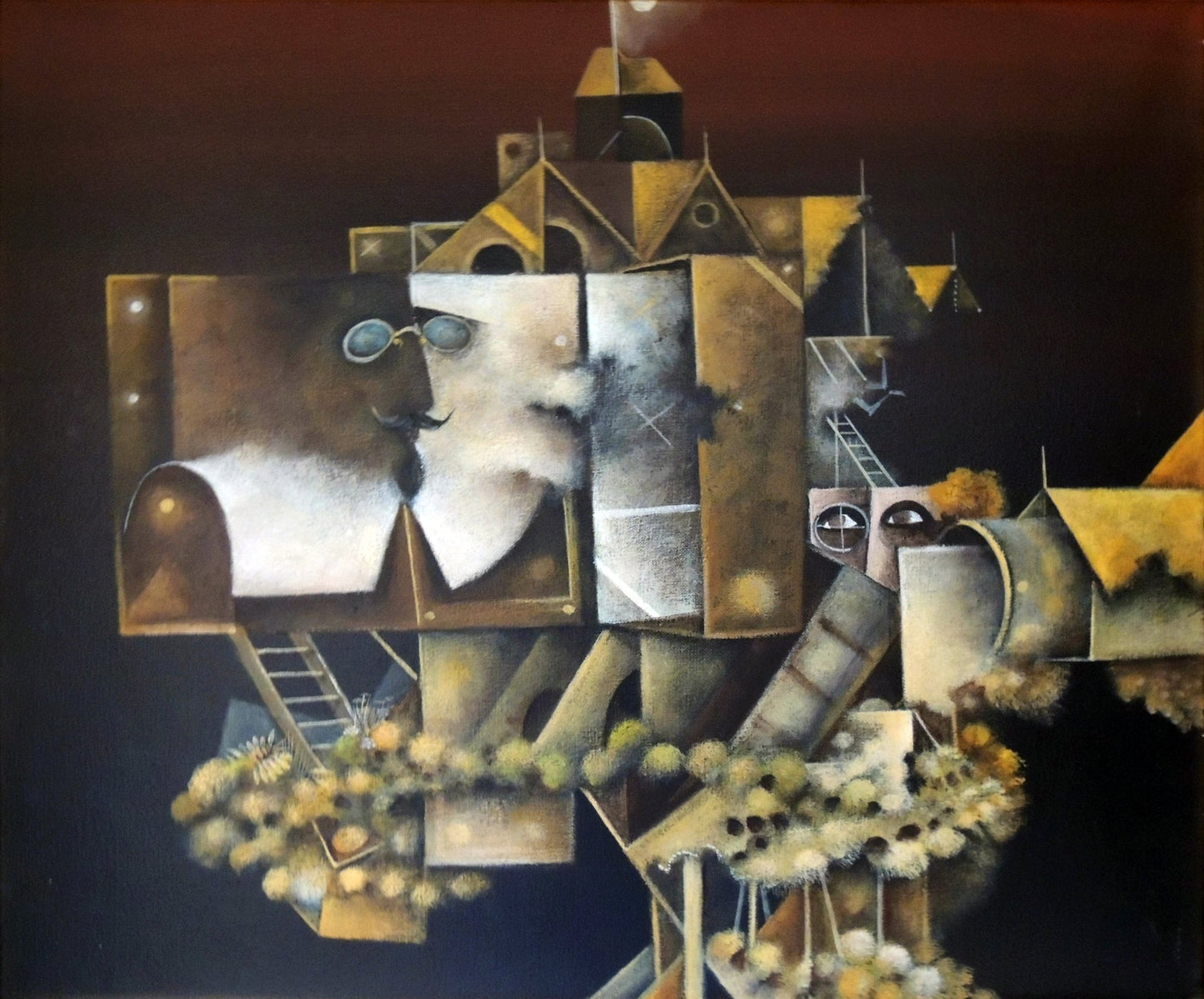 Eduard Alcoy, Quevedo I: composición surrealista con estructuras arquitectónicas geométricas que forman un rostro inspirado en Quevedo, en tonos ocres y oscuros.