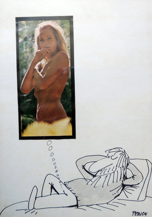 Dibujo original de El Perich - El sueño arte contemporáneo en Gaudifond, hombre tumbado soñando collage foto de mujer