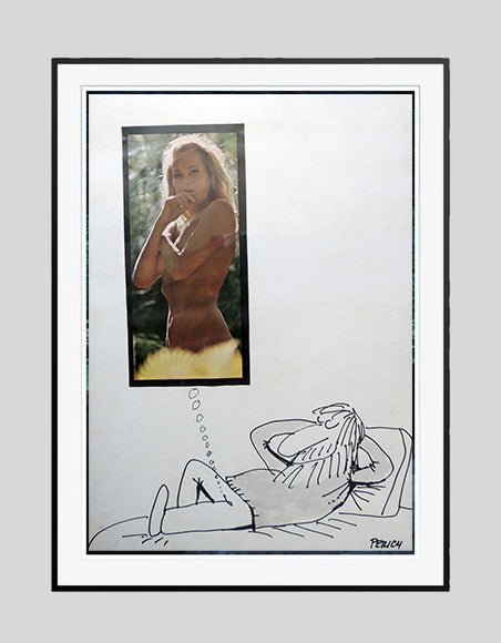 Dibujo original de El Perich - El sueño arte contemporáneo en Gaudifond, hombre tumbado soñando
