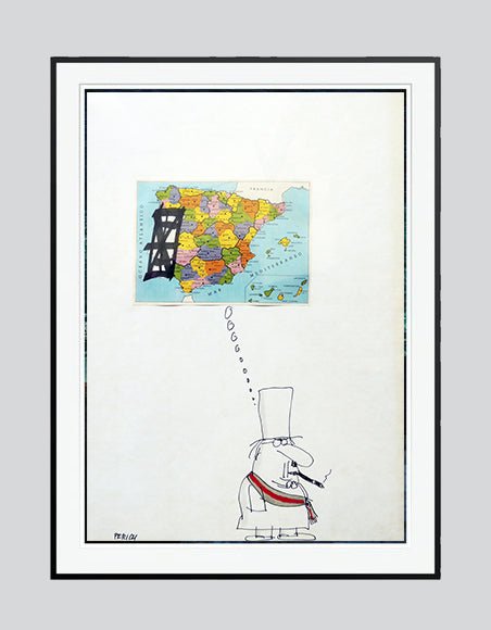 dibujo original de  El Perich - España imaginaria II arte contemporáneo en Gaudifond dibujo satirico de politicio collage mapa de España