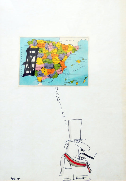 dibujo original de  El Perich - España imaginaria II arte contemporáneo en Gaudifond dibujo satirico de politicio collage mapa de España dibujo firmado