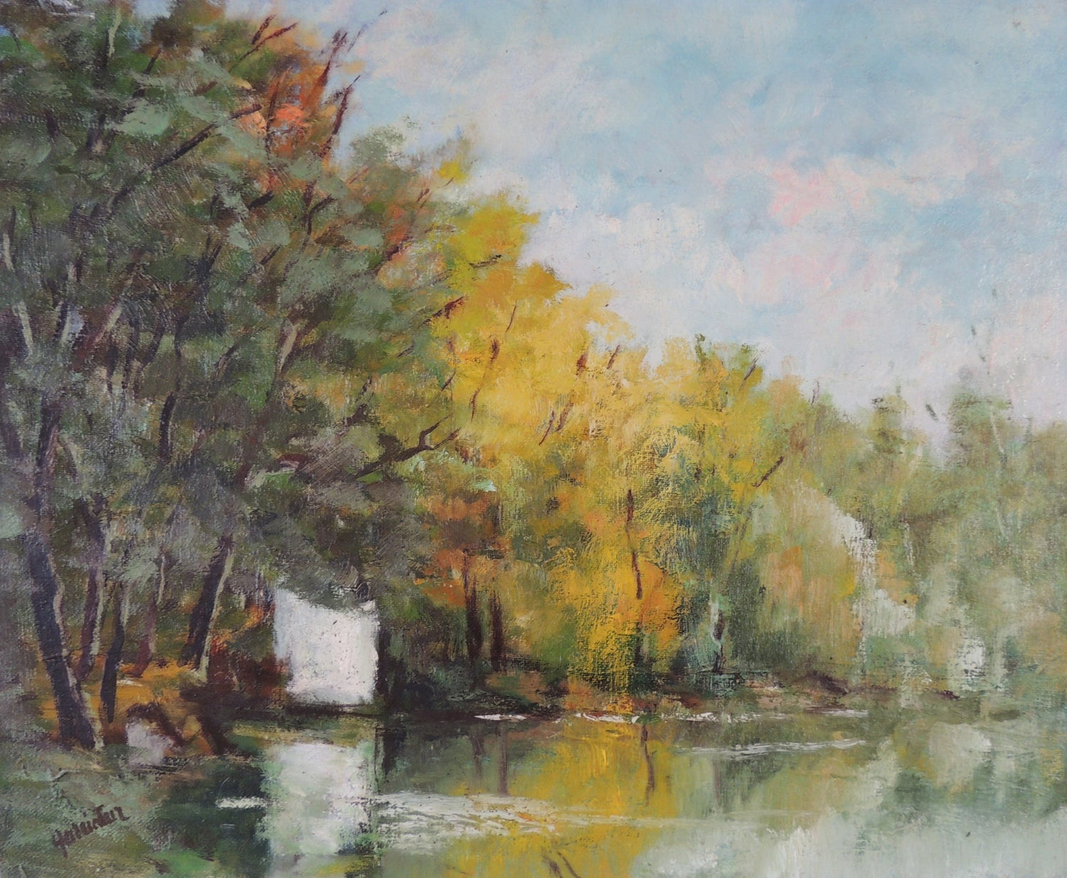 Emiliano García Tur – Lago Banyoles 2, pintura de paisaje con lago, árboles y reflejos en el agua en tonos verdes, amarillos y ocres.