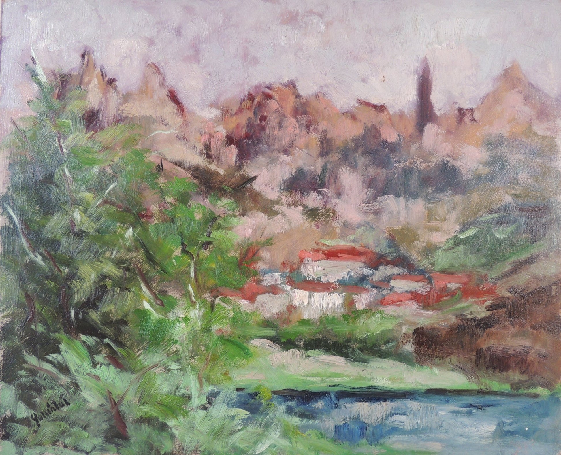 Emiliano García Tur – Montserrat, pintura de paisaje catalán con la montaña de Montserrat, vegetación y arquitectura rural en tonos verdes y tierras.