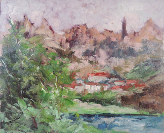 Emiliano García Tur – Montserrat, pintura de paisaje catalán con la montaña de Montserrat, vegetación y arquitectura rural en tonos verdes y tierras.