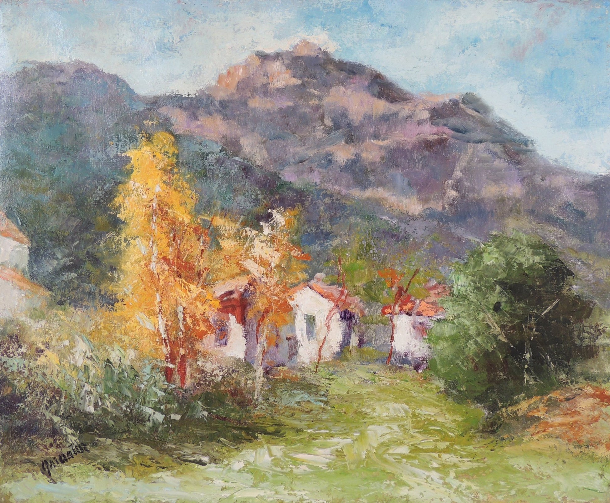 Emiliano Garcia Tur Sant Llorenç de Munt pintura impresionista de paisaje catalán con montaña, árboles y casas rurales