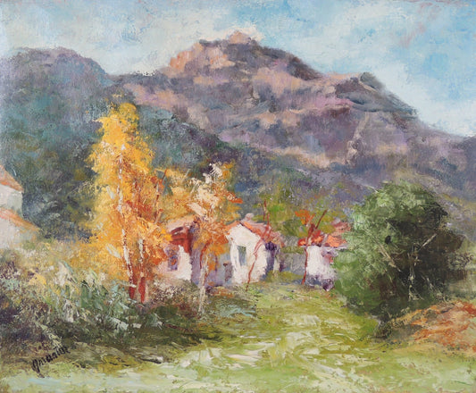 Emiliano Garcia Tur Sant Llorenç de Munt pintura impresionista de paisaje catalán con montaña, árboles y casas rurales