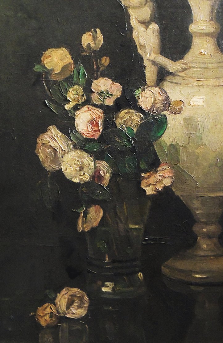 Óleo sobre lienzo de Felipe Cossío del Pomar, “Bodegón con rosas”, naturaleza muerta clásica con flores, detalle pintura