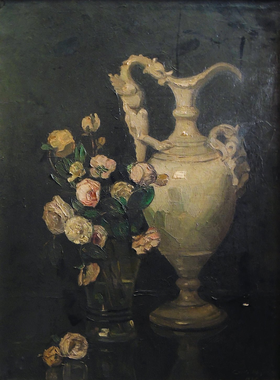 Óleo sobre lienzo de Felipe Cossío del Pomar, “Bodegón con rosas”, naturaleza muerta clásica con flores y composición elegante de tradición pictórica internacional.