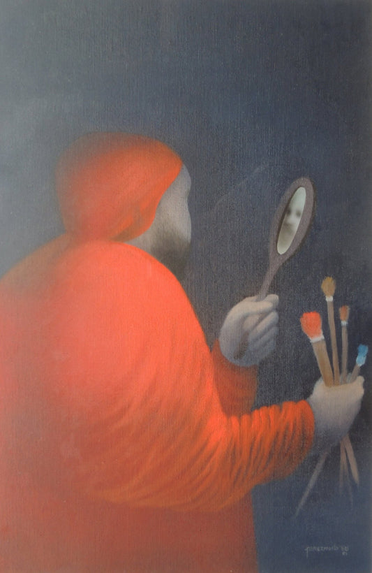 Fernando Pereznieto El autorretrato óleo holografía lienzo figura roja espejo arte contemporáneo mexicano