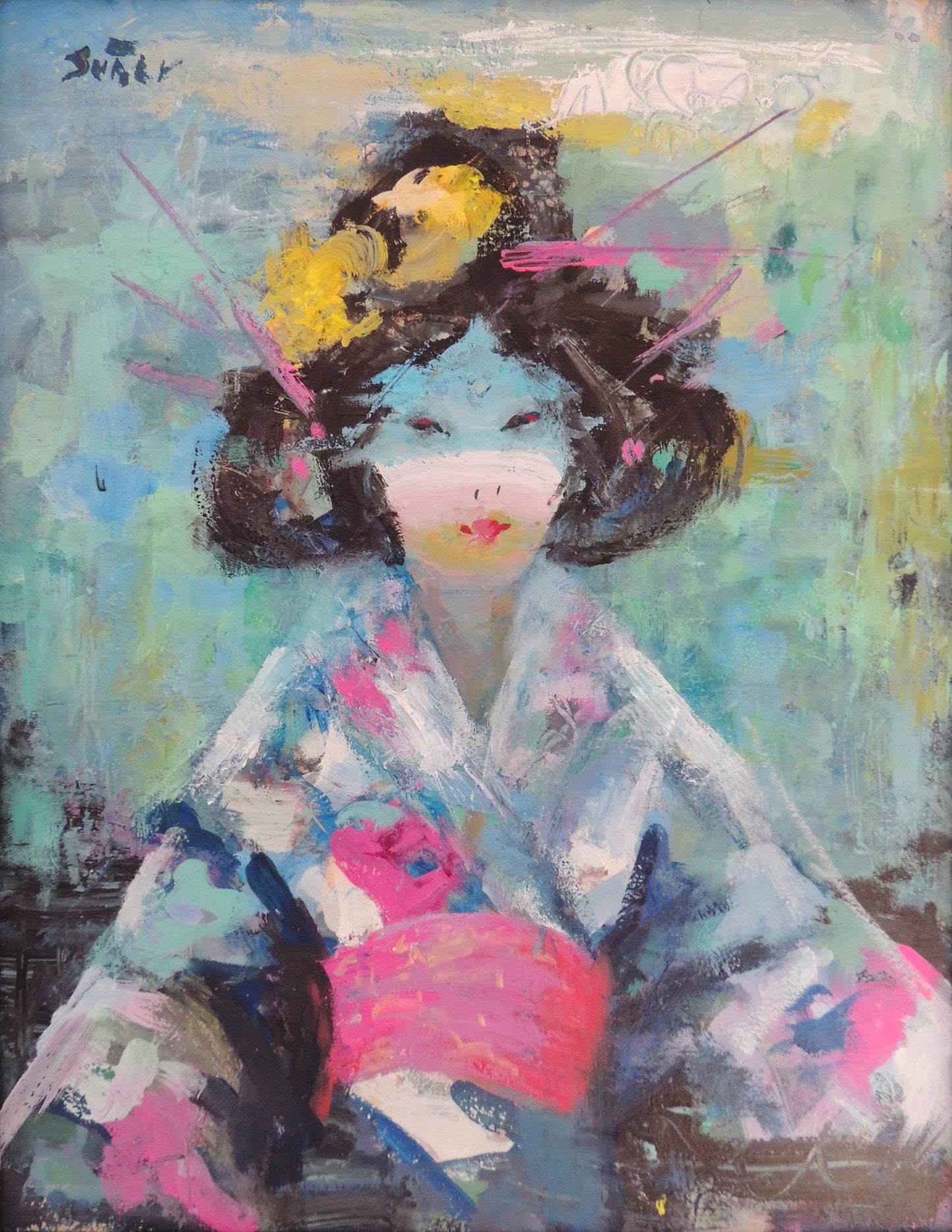 Francesc Suñer Geisha azul pintura contemporánea expresionista en tonos azules y rosas, retrato de una geisha abstracta