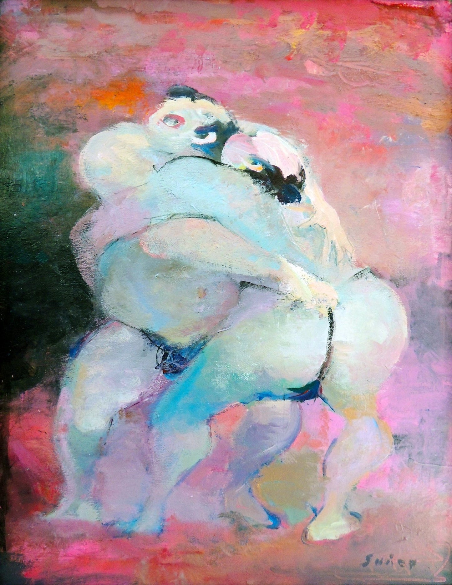 Francesc Suñer Sumo pintura contemporánea expresionista con dos luchadores de sumo sobre fondo rosa y pinceladas dinámicas.