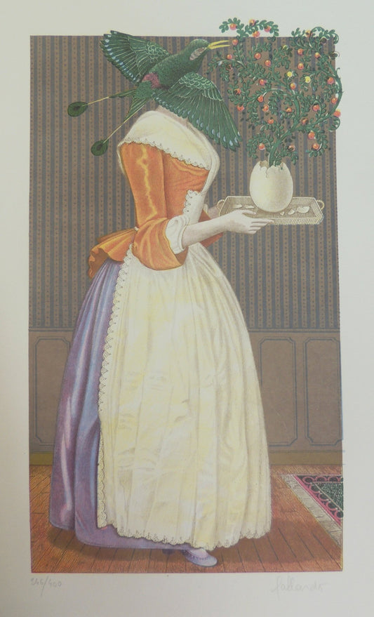 Gervasio Gallardo Camarera litografía figura femenina surrealista con cabeza de pájaro