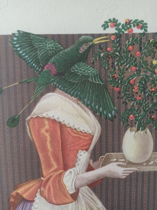 Gervasio Gallardo Camarera litografía figura femenina surrealista con cabeza de pájaro, detalle cabeza