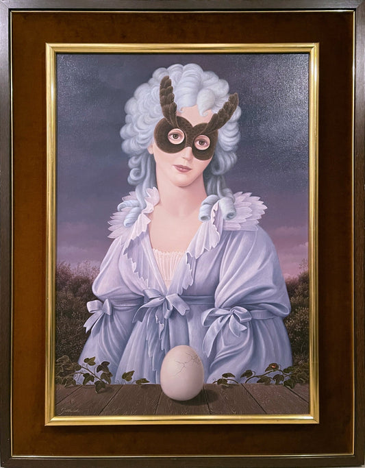 Gervasio Gallardo Doble imagen retrato surrealista mujer con máscara orgánica huevo simbólico fondo crepuscular cuadro enmarcado