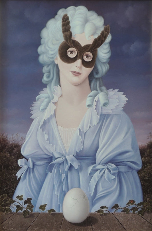 Gervasio Gallardo Doble imagen retrato surrealista mujer con máscara orgánica huevo simbólico fondo crepuscular