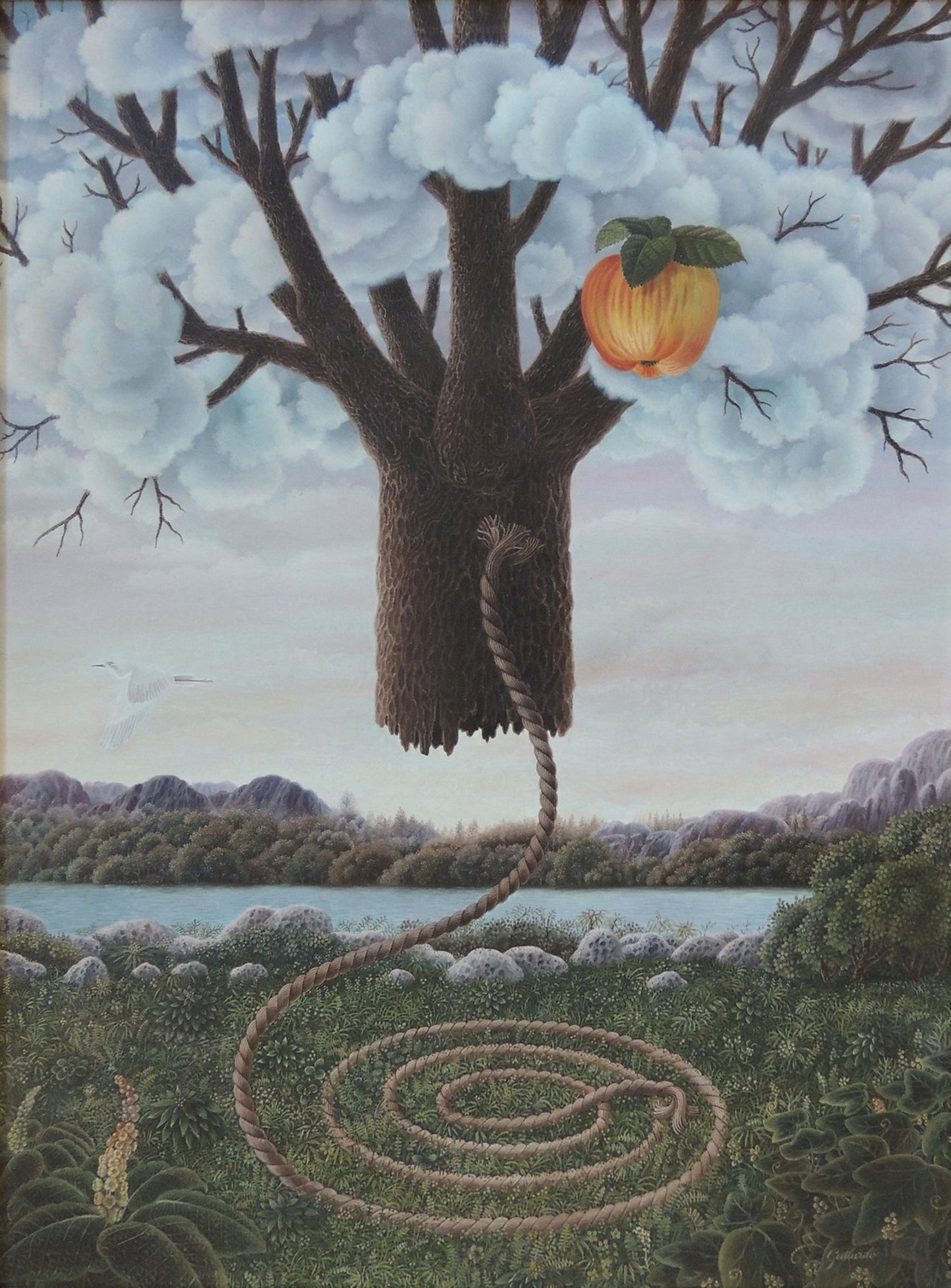 cuadro original de Gervasio Gallardo - El árbol de la vida arte contemporáneo en Gaudifond. Árbol surrealista flotante con cuerda en espiral y fruto único sobre paisaje natural tranquilo