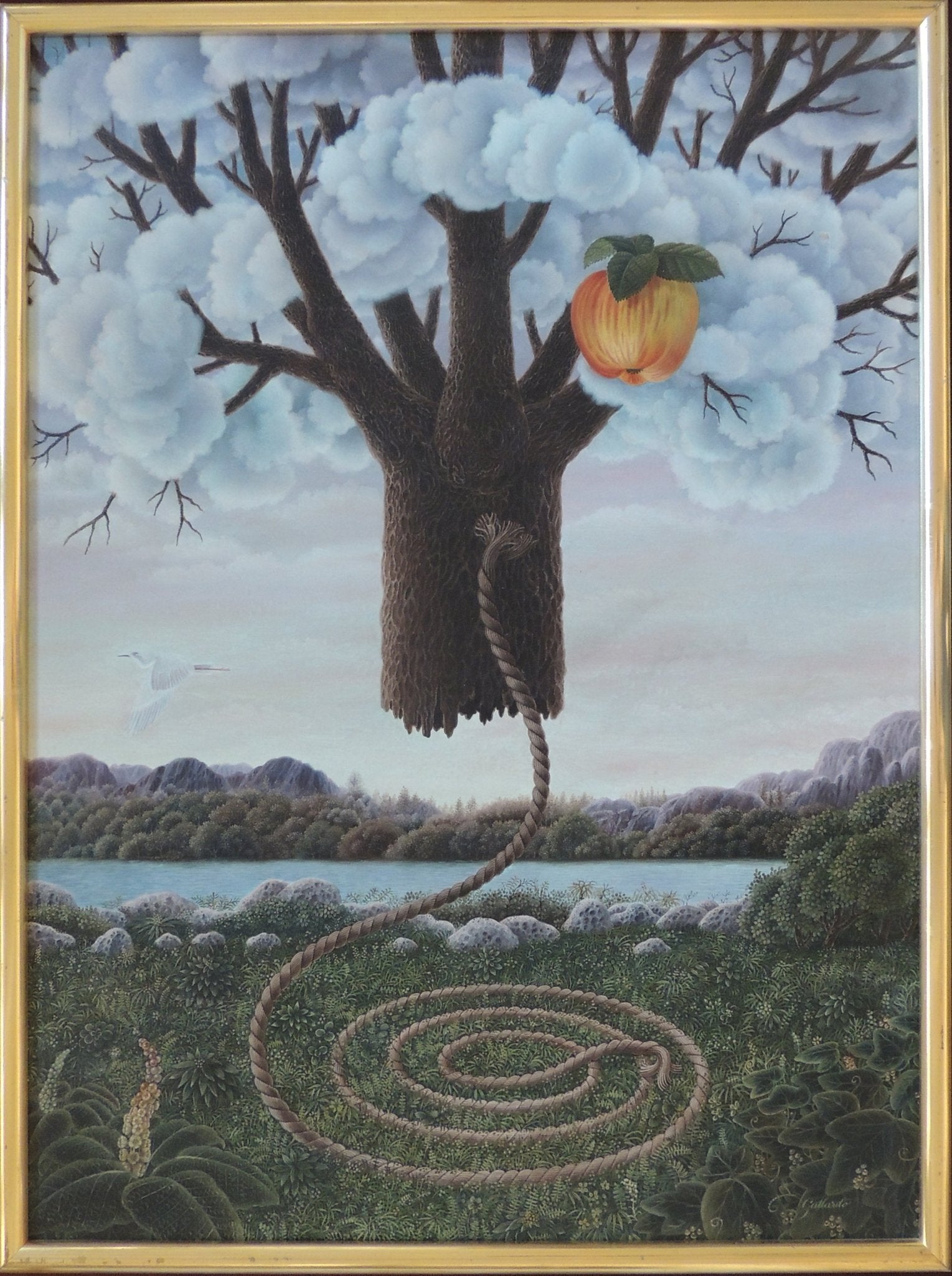 Árbol flotante con nubes, cuerda en forma de serpiente y fruto tipo manzana en paisaje inspirado en el Edén