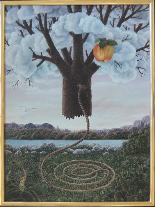 Árbol flotante con nubes, cuerda en forma de serpiente y fruto tipo manzana en paisaje inspirado en el Edén