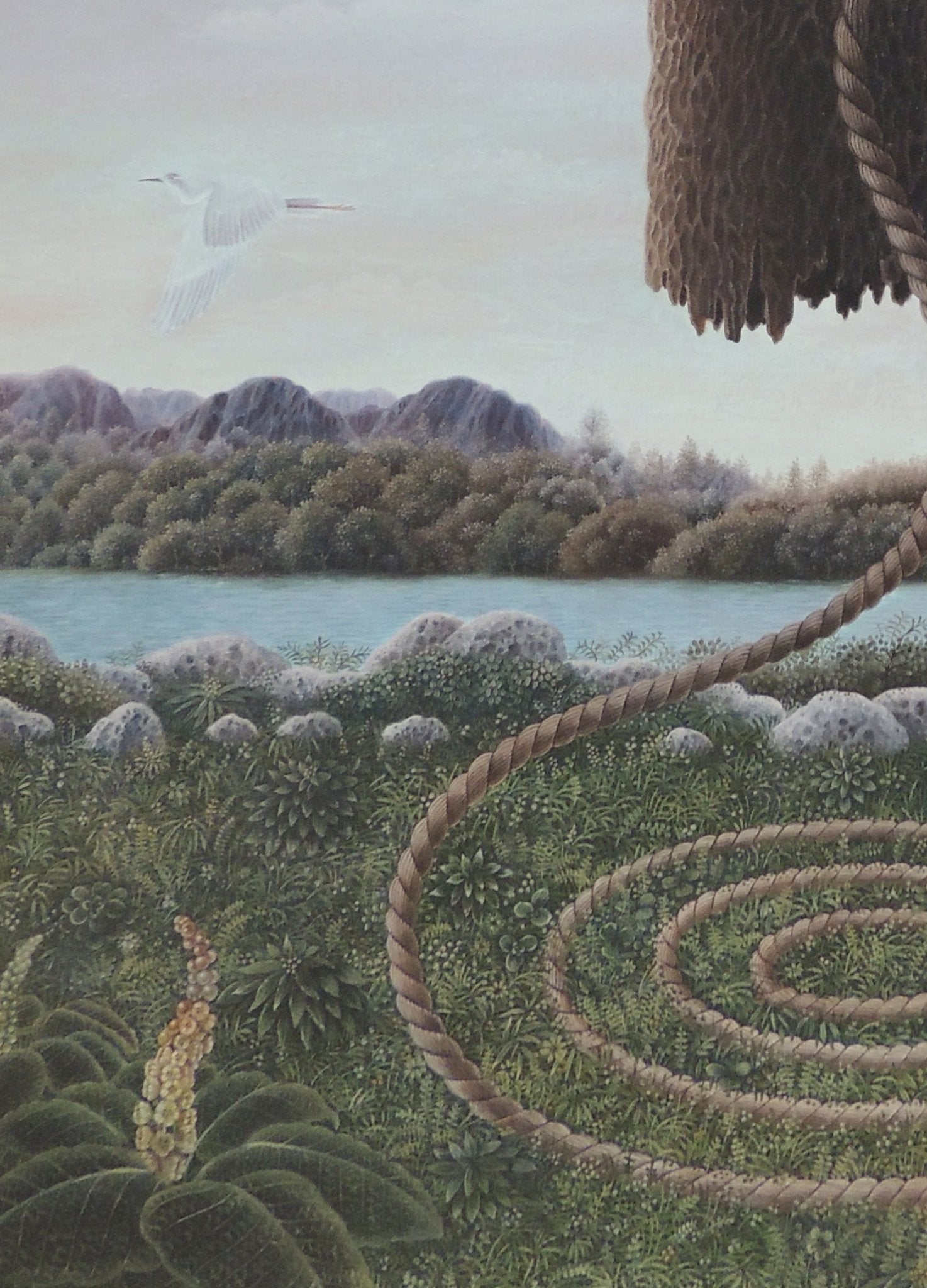 cuadro original de Gervasio Gallardo - El árbol de la vida arte contemporáneo en Gaudifond detalle paisaje con pajaro volando
