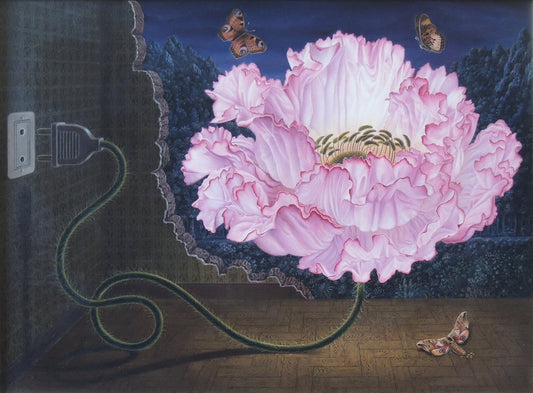 Gervasio Gallardo El atractivo personal pintura surrealista flor gigante conectada a enchufe con mariposas en interior oscuro