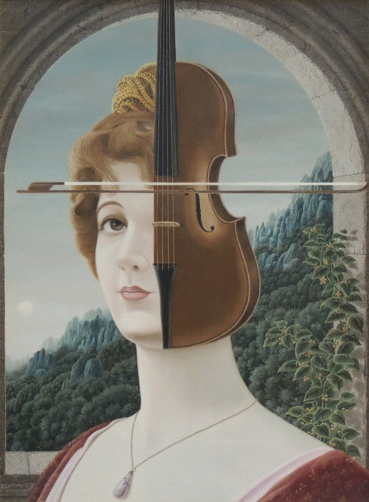 El incógnito Gervasio Gallardo, retrato surrealista de mujer con rostro dividido por un violín bajo un arco con paisaje al fondo.