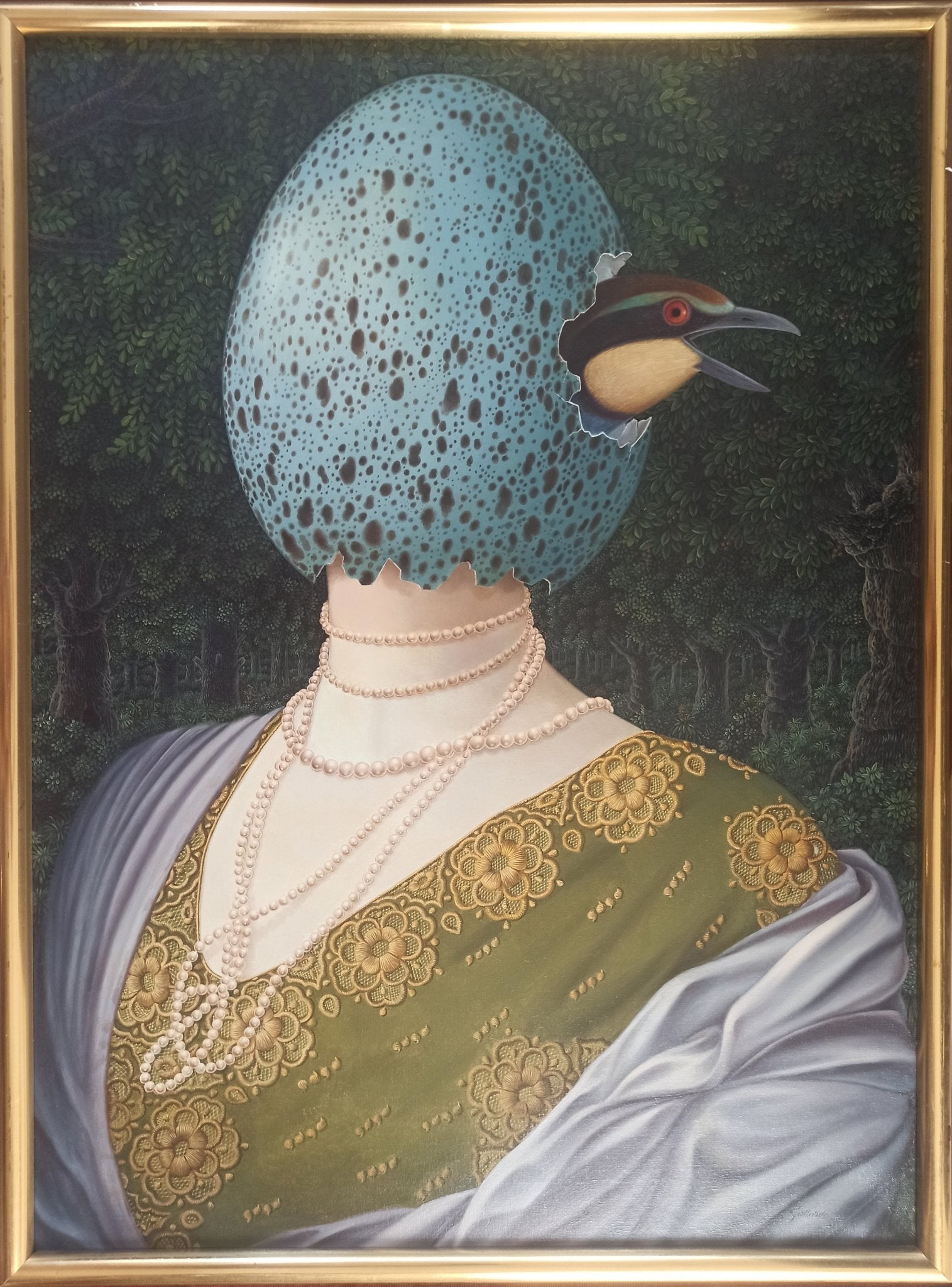 Gervasio Gallardo El secreto de Ghislaine pintura surrealista mujer con huevo y ave saliendo del cascarón cuadro enmarcado