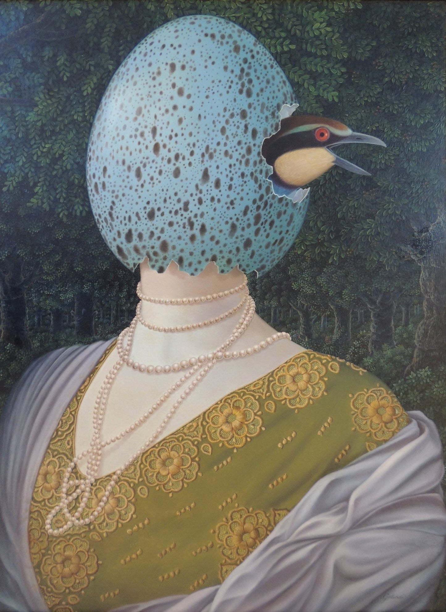 cuadro original de Gervasio Gallardo El secreto de Ghislaine pintura surrealista mujer con huevo y ave saliendo del cascarón