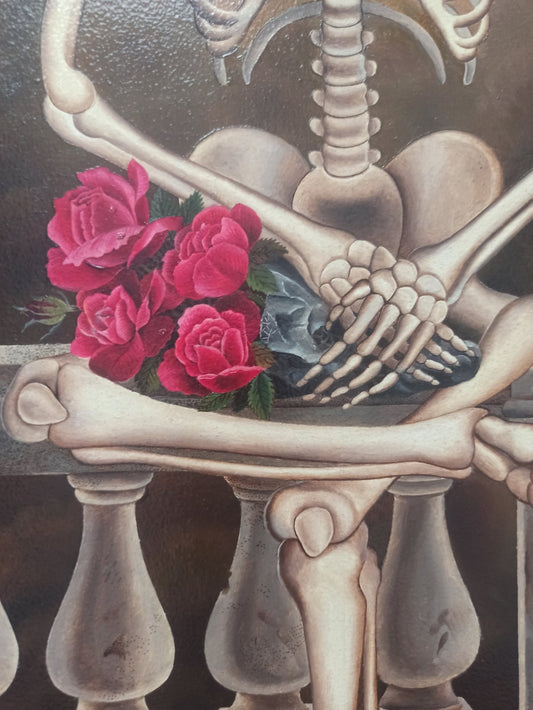 Gervasio Gallardo Esqueleto con ramo de flores pintura surrealista contemporánea detalle flores