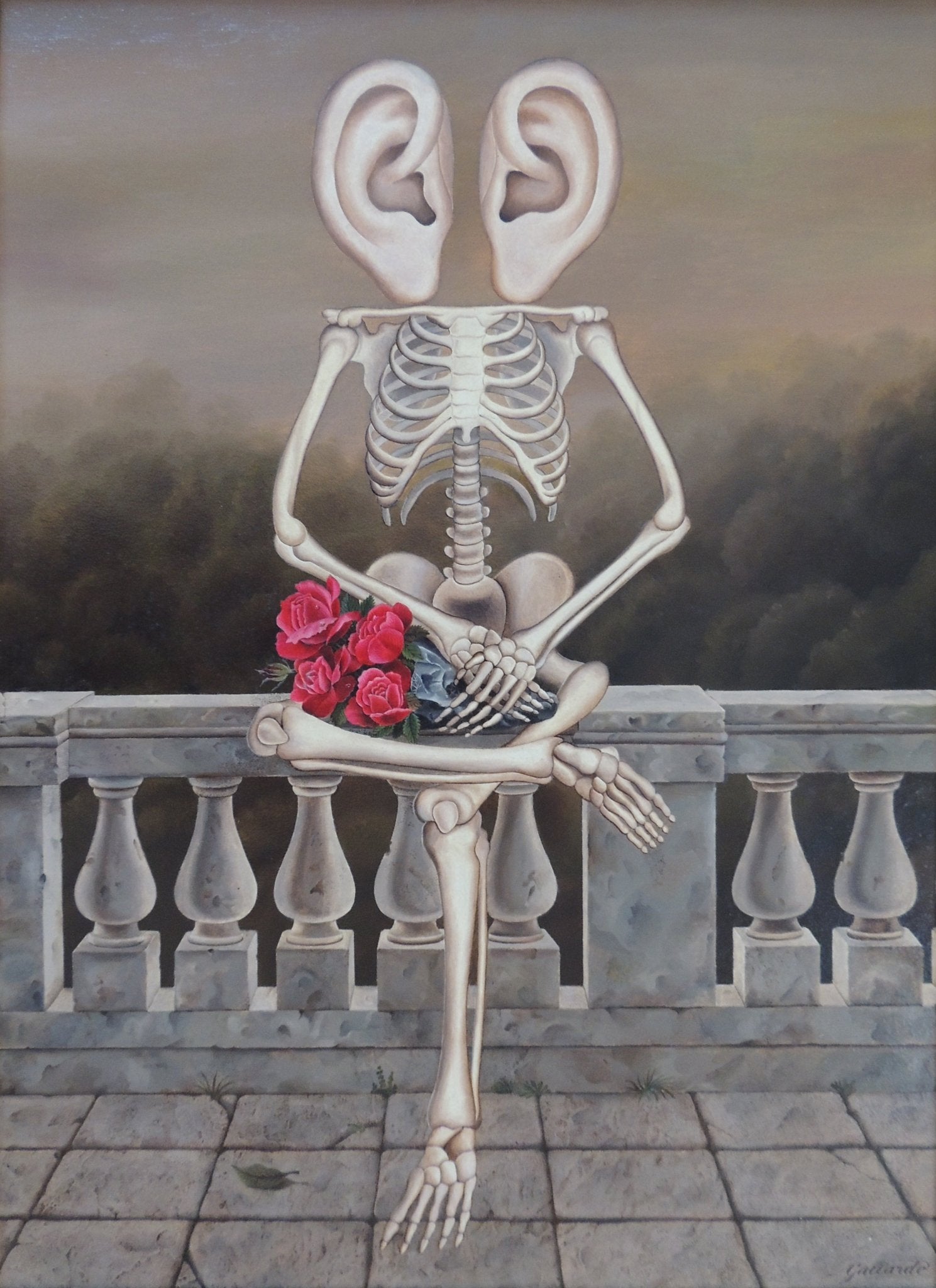 Gervasio Gallardo Esqueleto con ramo de flores pintura surrealista contemporánea 