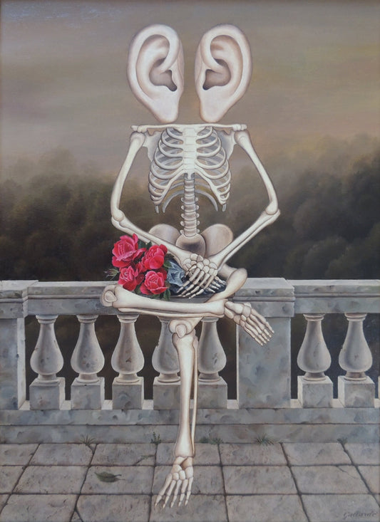 Gervasio Gallardo Esqueleto con ramo de flores pintura surrealista contemporánea 