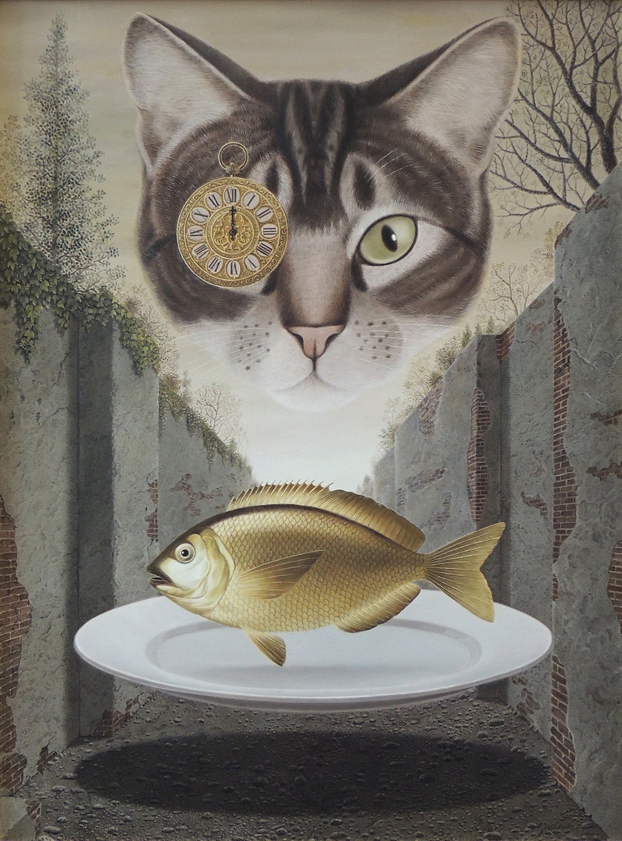 Gervasio Gallardo Gato y pez, gato con reloj en el ojo observando un pez dorado sobre un plato flotante en escenario surrealista.