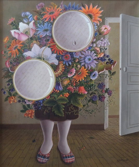 Pintura La carta de Gervasio Gallardo con ramo de flores, gafas con carta manuscrita y lágrima en un interior con puerta abierta, atmósfera de soledad y estilo surrealista.