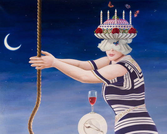 detalle del cuadro original de Gervasio Gallardo La funámbula obra surrealista mujer equilibrista con pastel sobre la cabeza caminando sobre cuerda entre edificios al atardecer