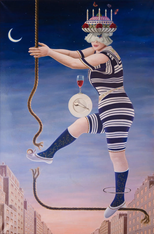 Gervasio Gallardo La funámbula obra surrealista mujer equilibrista con pastel sobre la cabeza caminando sobre cuerda entre edificios al atardecer