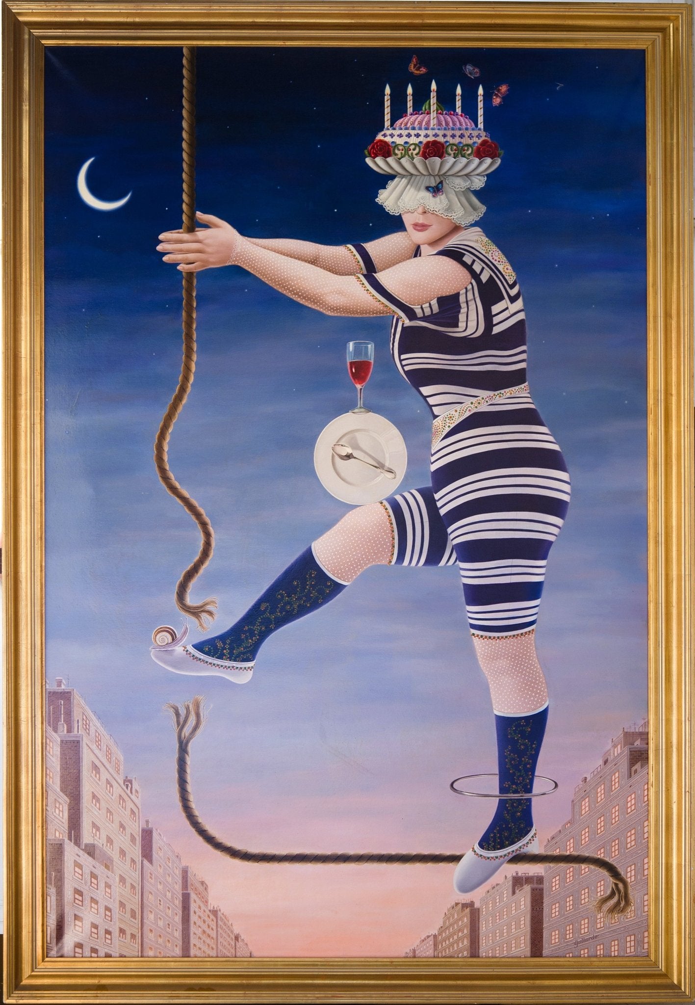 Gervasio Gallardo La funámbula obra surrealista mujer equilibrista con pastel sobre la cabeza caminando sobre cuerda entre edificios al atardecer, obra enmarcada