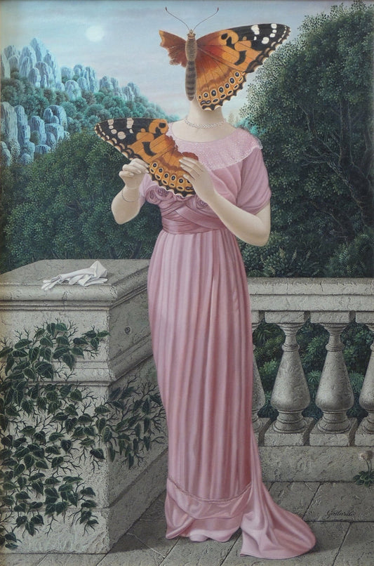 Gervasio Gallardo La última primavera pintura surrealista mujer con mariposas en lugar de rostro jardín clásico vestido rosa