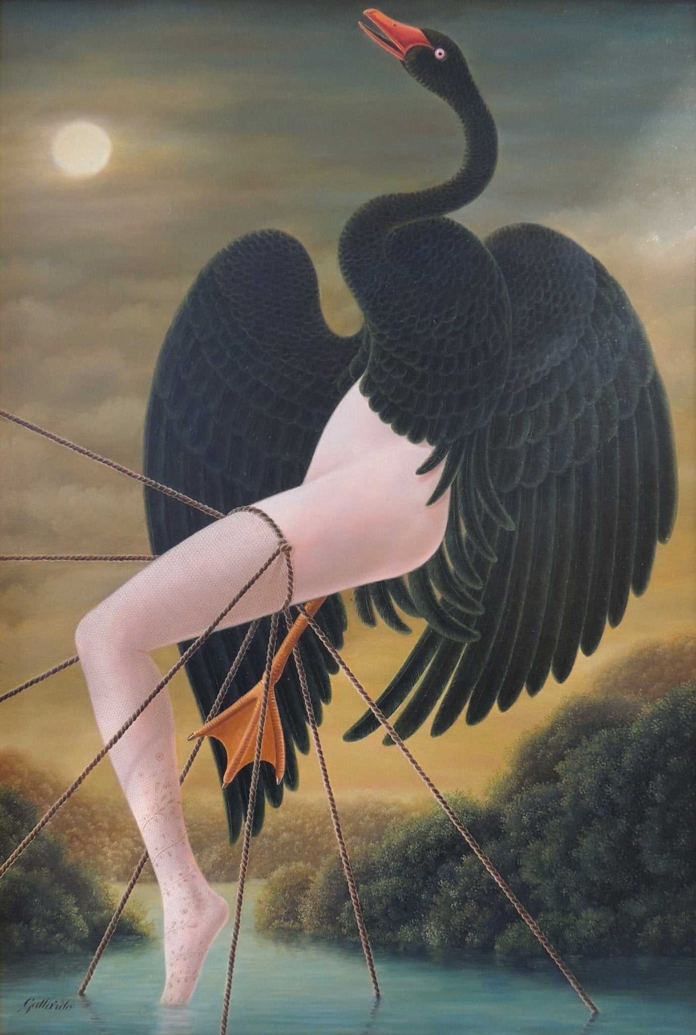 Gervasio Gallardo Leda y el cisne pintura surrealista figura híbrida cisne oscuro piernas humanas suspendidas sobre agua