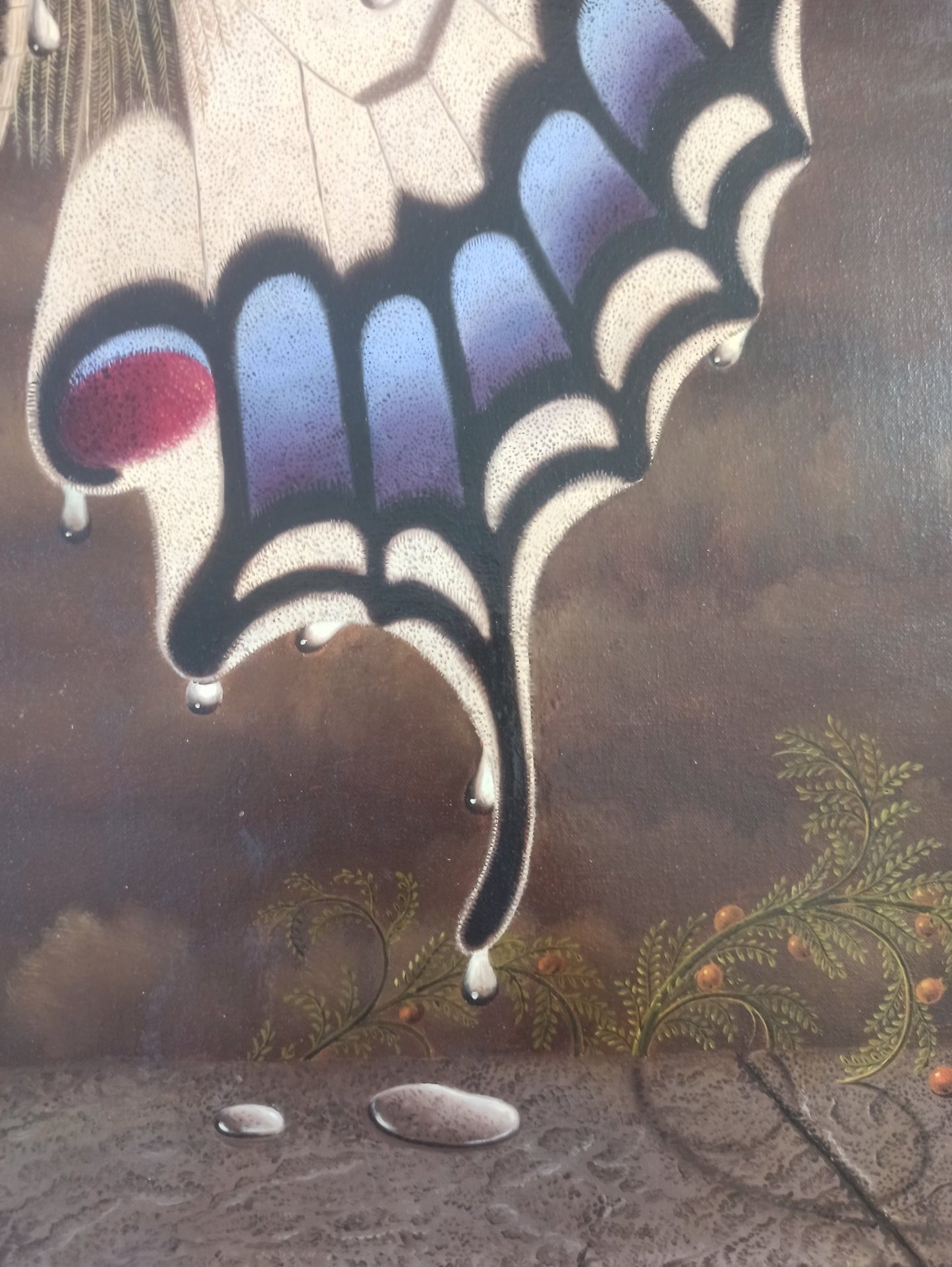 Gervasio Gallardo Luz de tinieblas pintura mariposa hiperrealista surrealista, detalle gota de agua